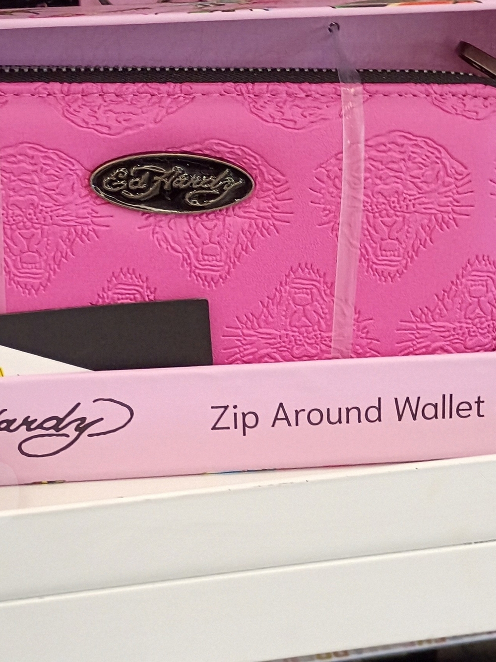 Ed Hardy Pink Embossed Zip-Around Wallet with Logo Plaque